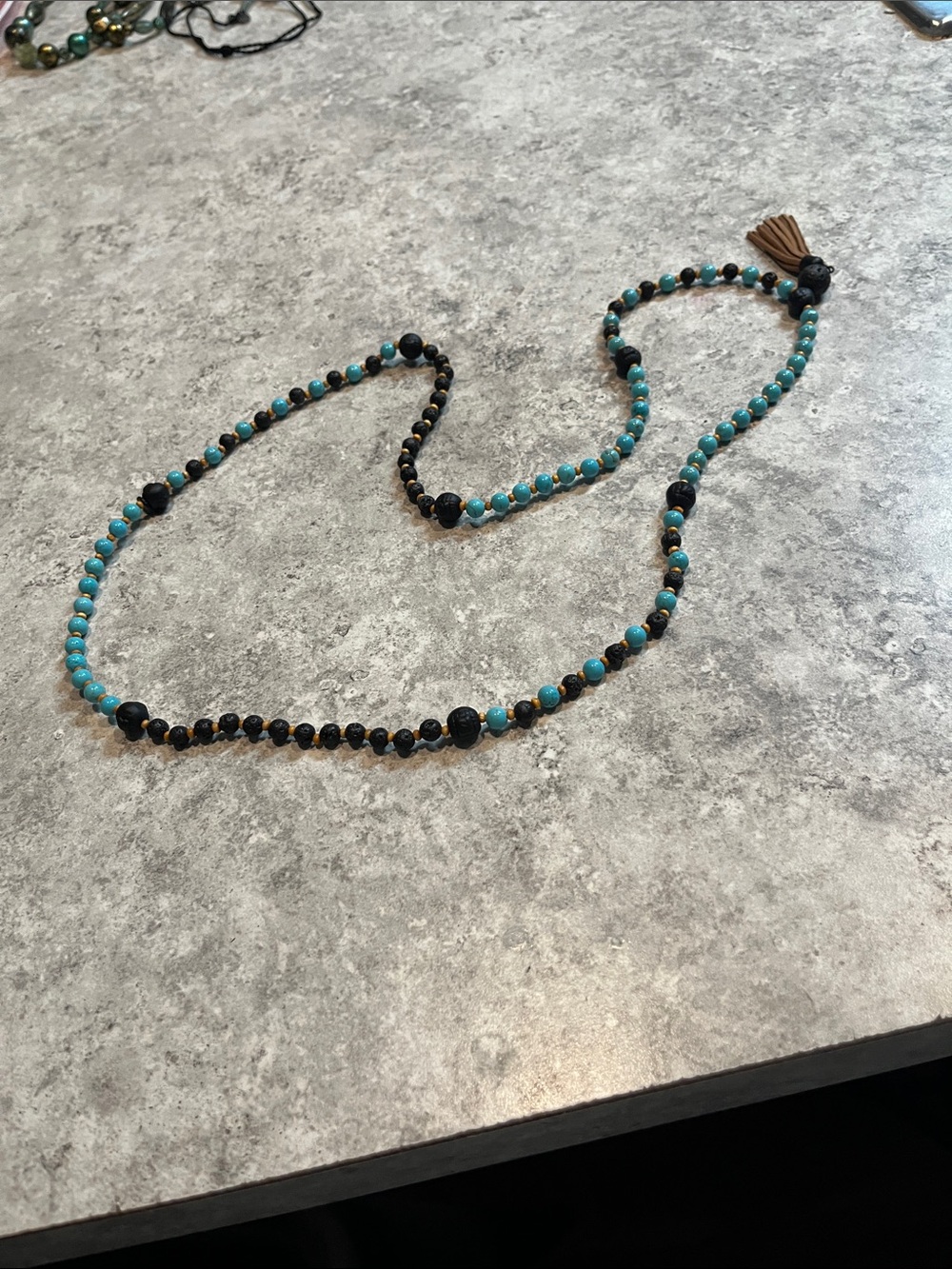 Long Beaded Necklace with Turquoise and Black Beads and Tassel
